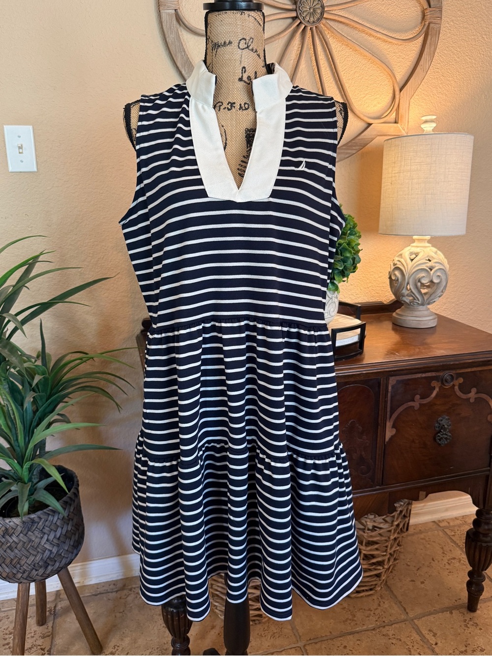 Nautica Navy and White Striped Sleeveless V-Neck Dress